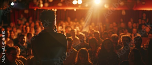 A speaker captivated by the spotlight addresses an engaged audience in a dimly lit room, highlighting the power of live communication and interaction.