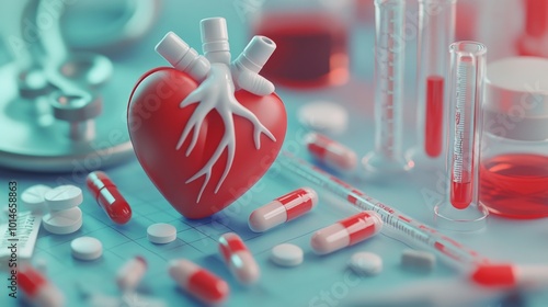 3D medical elements: pills, blood test tubes, and a heart with a pulse line, all in a pithy hospital set. 