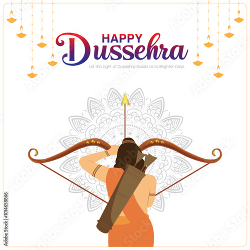 
The Dussehra greeting image features a man holding a bow and arrow symbolizing victory A mandala design adorns the background with hanging diyas at the top The text HAPPY DUSSEHRA is below
