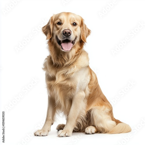 golden retriever exudes pure joy with its tongue playfully hanging out, showcasing a happy demeanor while sitting comfortably on a pristine white background.