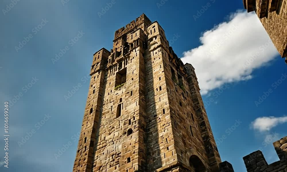 from the bottom corner A large ancient tower rises into the sky, with its architecture looking majestic from the bottom corner A large ancient tower rises into the sky, with its architecture looking majestic