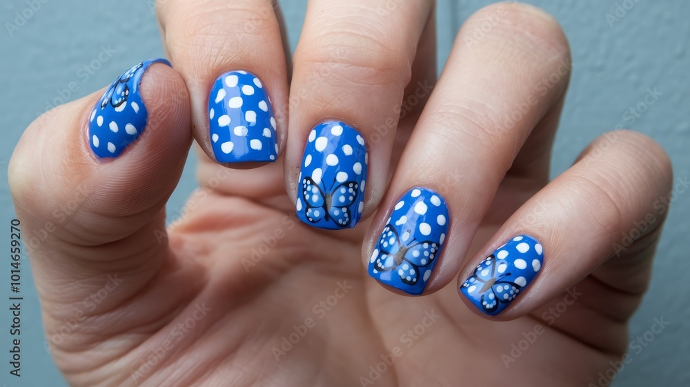 A close-up of a hand with blue nails featuring white polka dots and intricate butterfly designs on several nails. A close-up of a hand with blue nails featuring white polka dots and intricate butterfly designs on several nails.