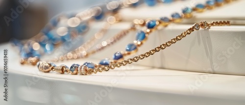 An elegant display of blue beaded necklaces in a jewelry store, sparkling under soft lighting, exudes luxury and sophistication. photo