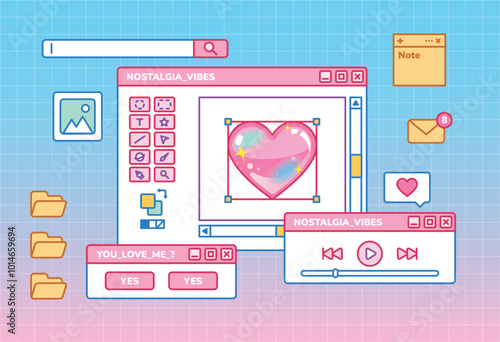 cute vaporwave ui apps computer desktop. Linear vaporwave template. Abstract retro aesthetic cute kawaii backgrounds pack 70s, 80s, 90s. Girly y2k style.