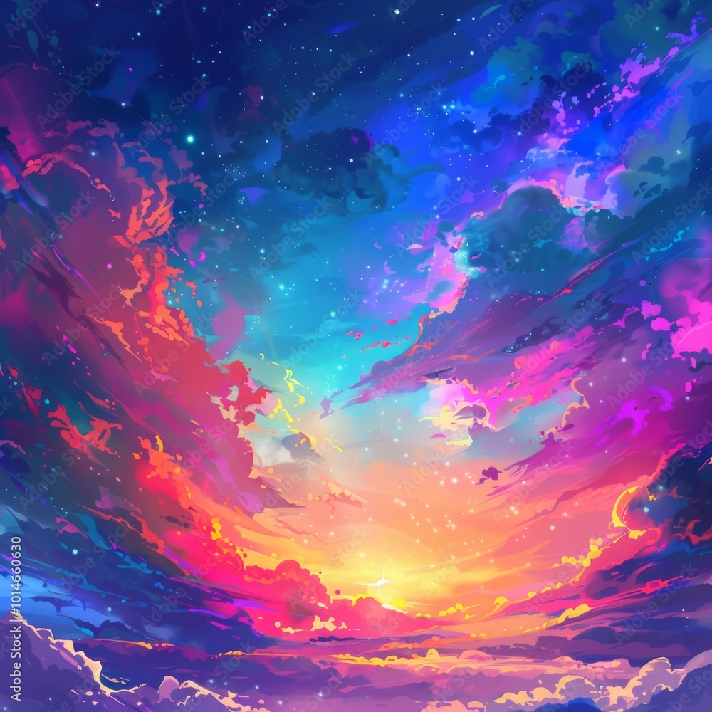 A colorful sky with clouds and stars. The sky is filled with a variety of colors, including red, blue, and purple