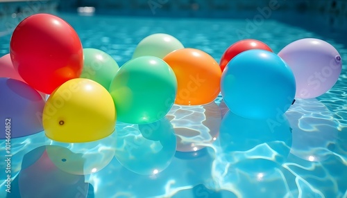 Colorful Balloons Floating Swimming Pool Festive Birthday Party Decoration Fun Playful Atmosphere