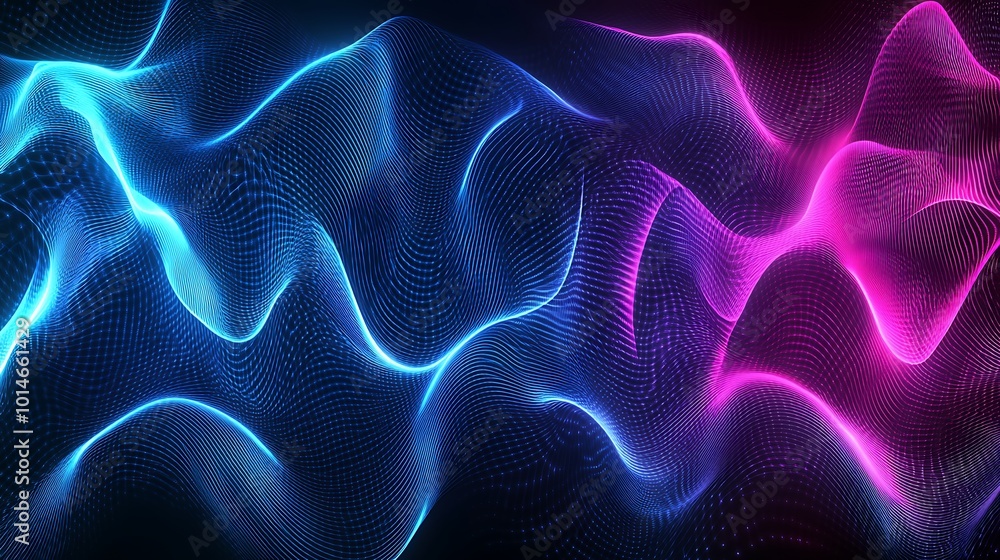 Obraz premium Abstract blue and pink neon glowing waves on a dark background.