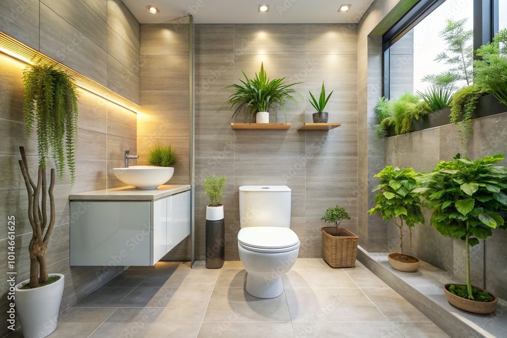 Fototapeta premium A bathroom with a toilet and potted plants