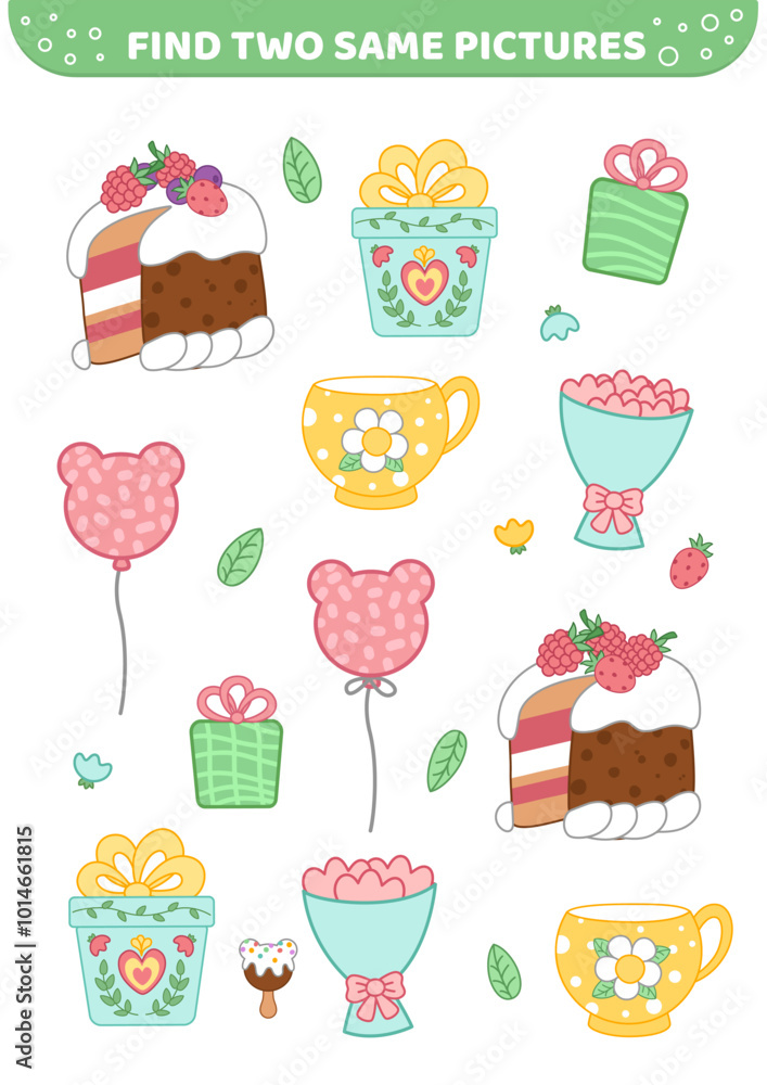 Find two same pictures. Nice girl things. Game for children. Cartoon, vector Find two same pictures. Nice girl things. Game for children. Cartoon, vector