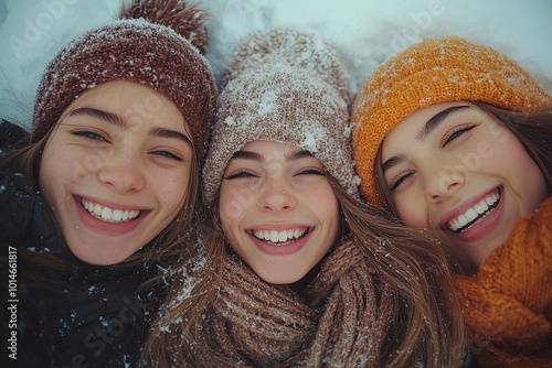 Portrait of young ladies taking a selfie in the snow 