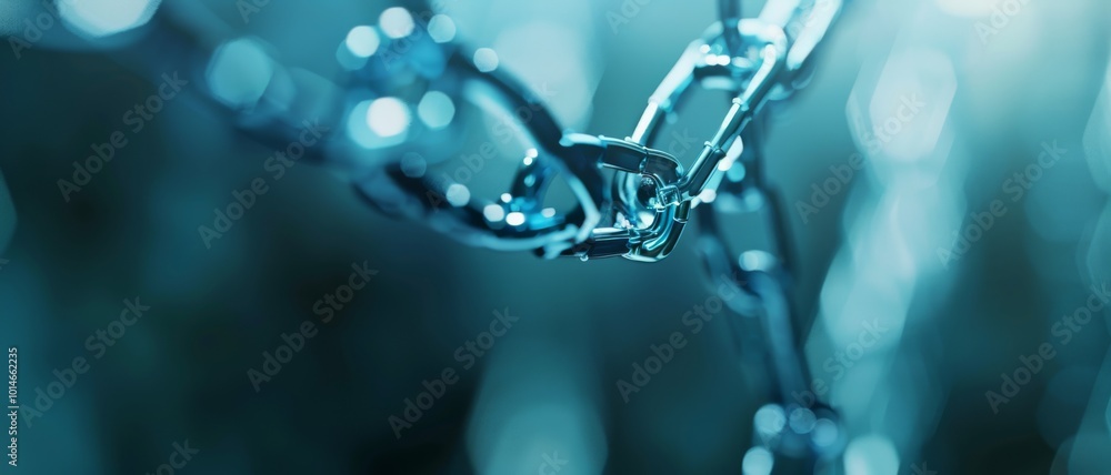 A gleaming metal chain, highlighted by watery reflections, symbolizes strength and connection in an abstract blue-toned background. A gleaming metal chain, highlighted by watery reflections, symbolizes strength and connection in an abstract blue-toned background.