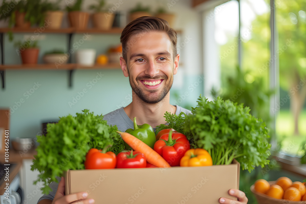 A man holding a box with fresh vegetables A man holding a box with fresh vegetables
