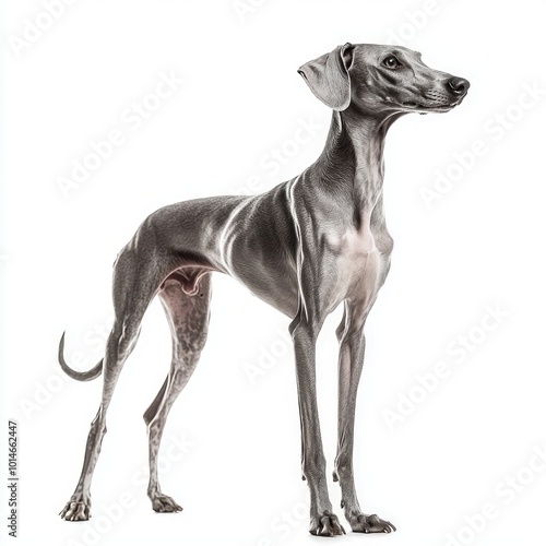 stunning Spanish Greyhound exudes elegance with its slim, athletic build. The regal stance highlights its graceful form against a clean, white background, capturing the breed's beauty. photo