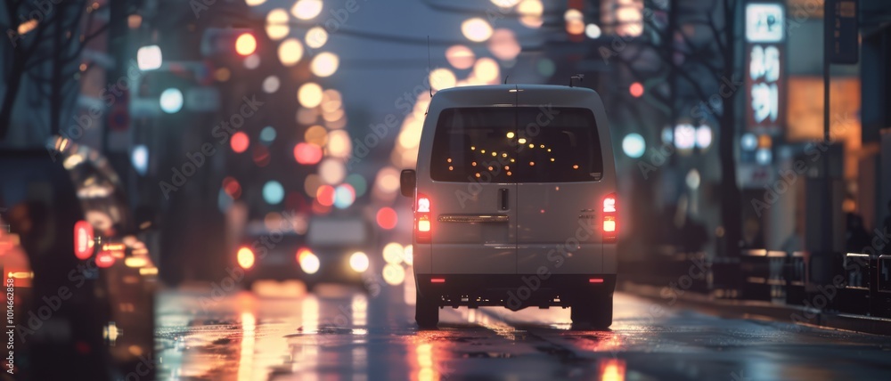 A van navigates a rainy city street at dusk, surrounded by colorful bokeh lights, creating a mood of serene urban exploration. A van navigates a rainy city street at dusk, surrounded by colorful bokeh lights, creating a mood of serene urban exploration.