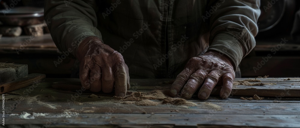 Weathered hands craft with care over a wooden table, reflecting stories of skill and dedication in every touch. Weathered hands craft with care over a wooden table, reflecting stories of skill and dedication in every touch.