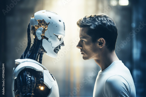 The man versus artificial intelligence, a man in a white t-shirt looking deeply into the eyes of a robot