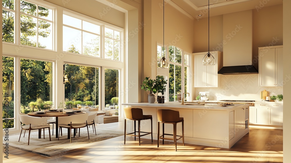 Fototapeta premium A modern kitchen and dining area with large windows overlooking a backyard with trees.