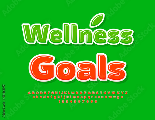 Vector healthy emblem Wellness Goals. Creative Red Font. Decorative Alphabet Letters and Numbers set.