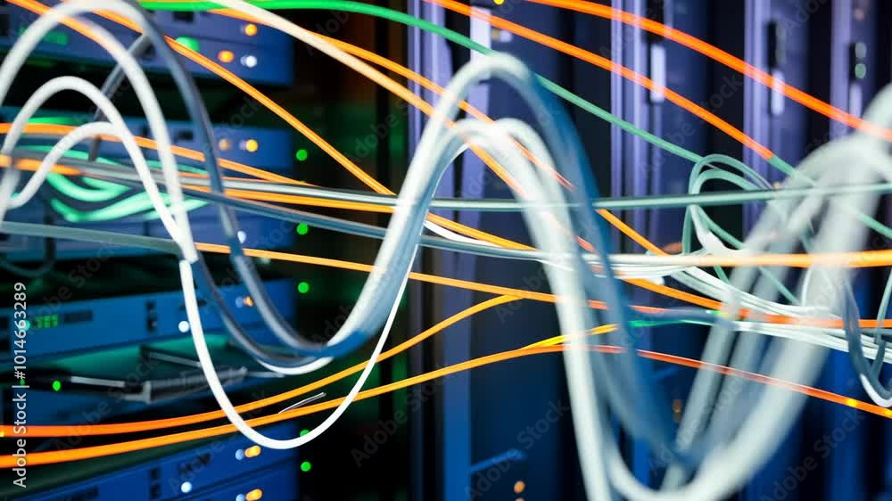Close-Up of Neon Pulsing Abstract Data Graphics in Server Cables Close-Up of Neon Pulsing Abstract Data Graphics in Server Cables