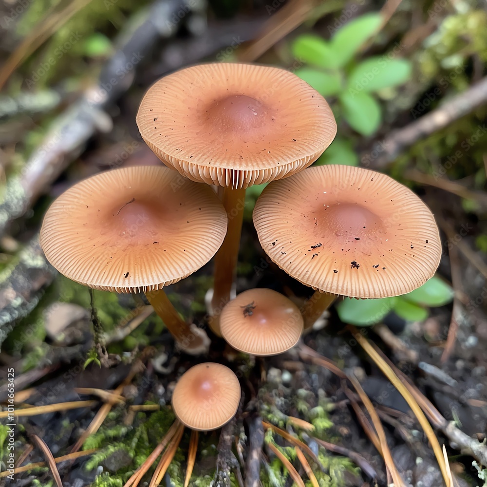A cluster of brown mushrooms with a smooth texture, displaying distinct gills beneath the caps, surrounded by green foliage and forest floor debris.
