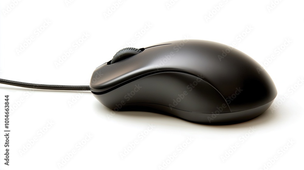 A black computer mouse with a scroll wheel on a white background. A black computer mouse with a scroll wheel on a white background.
