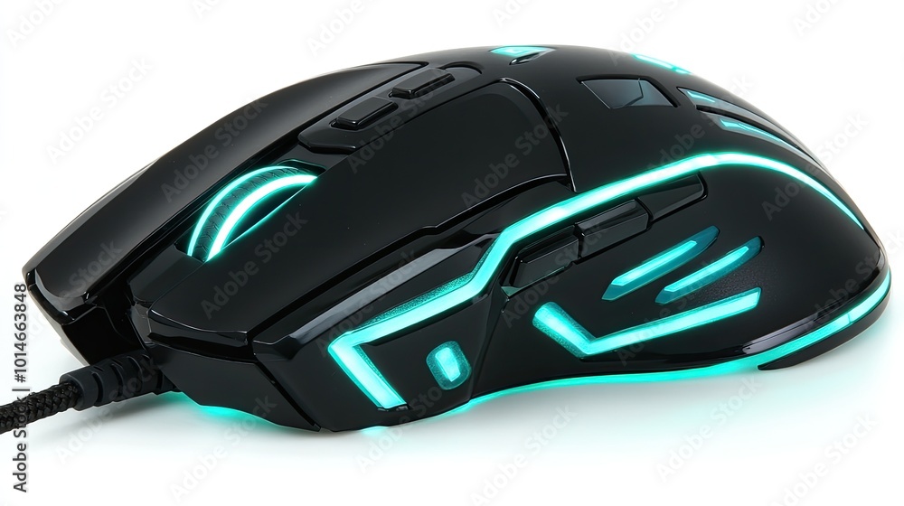 A black gaming mouse with blue LED lights on a white background. A black gaming mouse with blue LED lights on a white background.