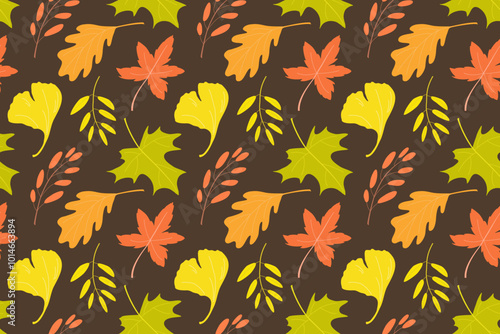 Hand drawn seamless background with colorful leaves on dark background. Seasonal vector illustration for textiles, wallpapers, banners, cards, prints