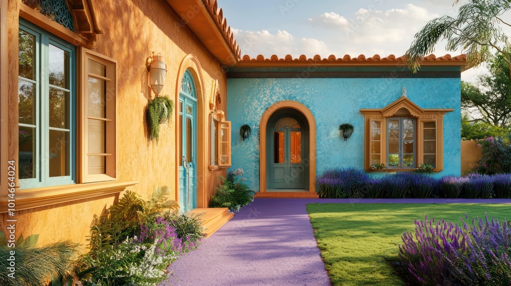 Chic retreat with tan window frames, a turquoise terrace, and coral walls A sapphire path leads to a lavender door, with a platinum lawn under a khaki sky Chic retreat with tan window frames, a turquoise terrace, and coral walls A sapphire path leads to a lavender door, with a platinum lawn under a khaki sky