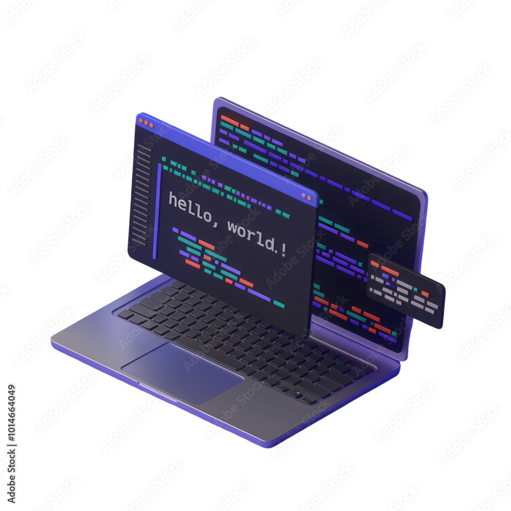 Laptop with code screen displaying 'hello, world!' on transparent cutout, PNG file Laptop with code screen displaying 'hello, world!' on transparent cutout, PNG file