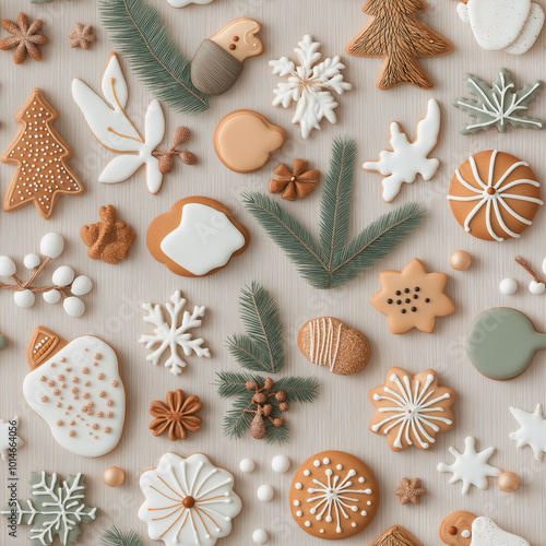 Festive gingerbread cookies and ornaments in soft neutral colors.