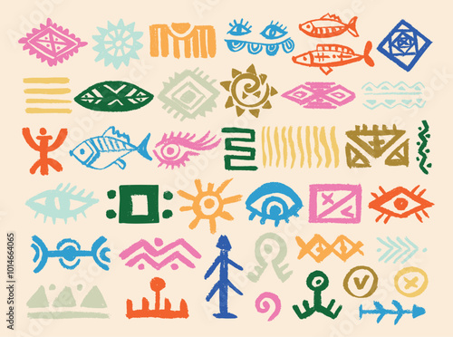  Set of abstract African, aztec tribal , colorful geometric shapes, ancient ethnic traditional symbols and ornate signs. Hand-drawn oriental elements in doodle style. Isolated colored flat vector 
