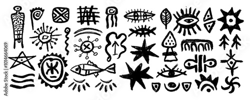 Set of Mexican sign and symbols. Abstract aztec totem idols, ancient inca maya civilization primitive traditional signs. Vector ornament of native americans, aztecs, maya, incas.