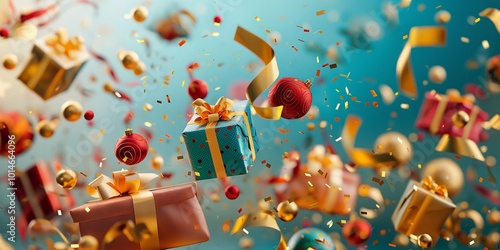 Christmas presents wrapped in red and gold paper and tied with golden ribbons by decorations and falling confetti on a sparkling dark blue background. Banner copy space, festive celebration backdrop photo