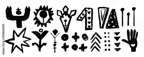 Set of aztec  totem idols, ancient inca Maya civilization primitive traditional signs and symbols. Vector collection Mexican colors. Indigenous culture symbols and mythic rituals.