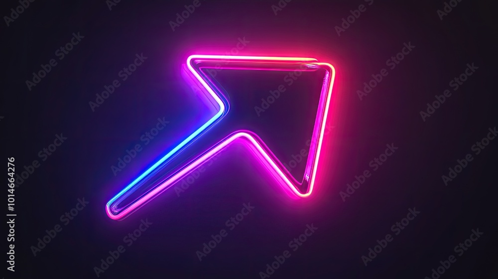 A bright neon arrow pointing upwards, glowing with pink and blue lights on a dark background. A bright neon arrow pointing upwards, glowing with pink and blue lights on a dark background.