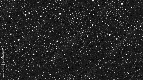 Black and white magic starry night sky filled with many twinkling stars. Whimsical space pattern. Falling snow with snowflakes. Dreamy children's fairytale Christmas atmosphere. Vector illustration