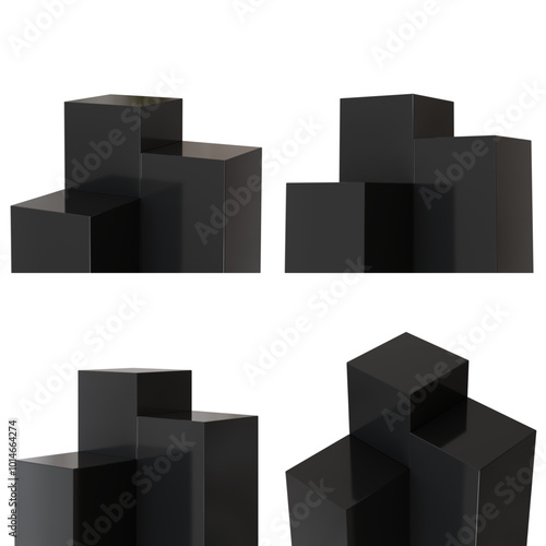 3d render 3 boxy podiums in black color