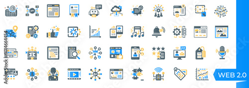 web 2.0 concepts set colorful flat design icons, social media communication e-commerce, innovation creativity devices apps