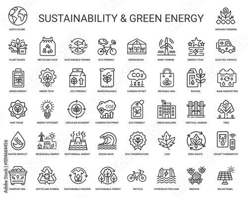 sustainability green energy line icons concepts, biodiversity farming environmental protection conservation organic