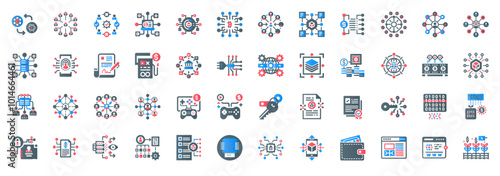 web 3.0 set blue red flat icons, blockchain concepts decentralization security transparency consensus, Cost-effective Disintermediation contracts Efficiency Smart
