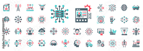 industry 5.0 set icons, smart factory automation robotics digitalization people working together collaborative environment, safety security sustainability quality