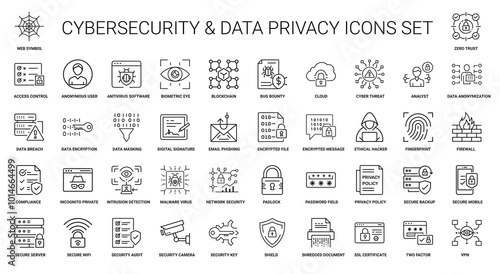 cybersecurity data privacy line icons, encrypted message fingerprint hacker