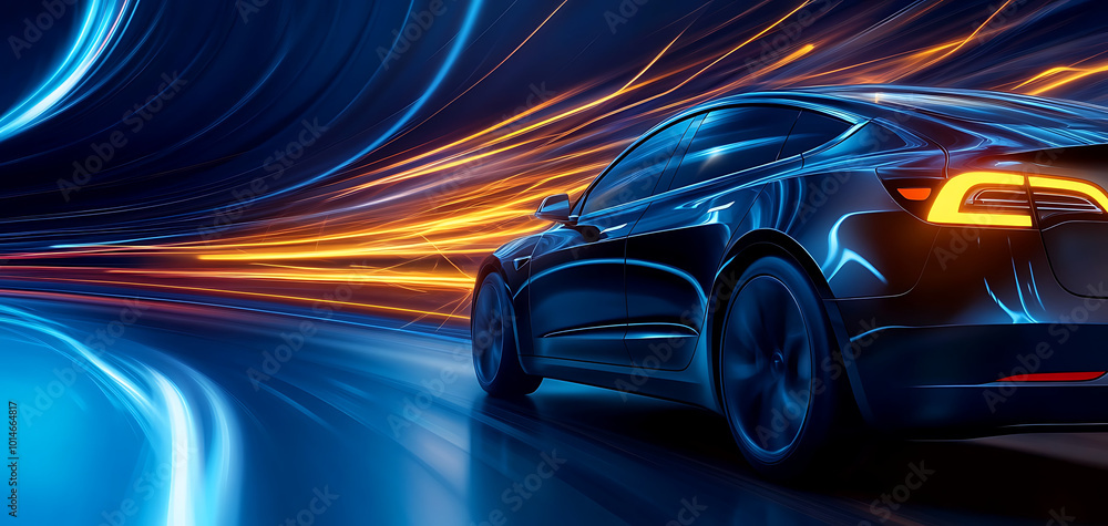 Futuristic electric car in motion with glowing light trails. Futuristic electric car in motion with glowing light trails.