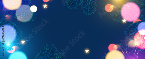Merry Christmas and Happy New Year! Season holiday background with soft light effect, fir tree branches and bokeh