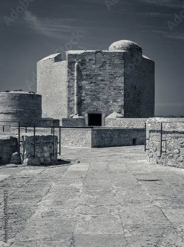 Black-white pictures of the famous Chateau D'If in France  not far away from the coast of the city of Marseille. It is famous for being part of adventure novel The Count of Monte Christo