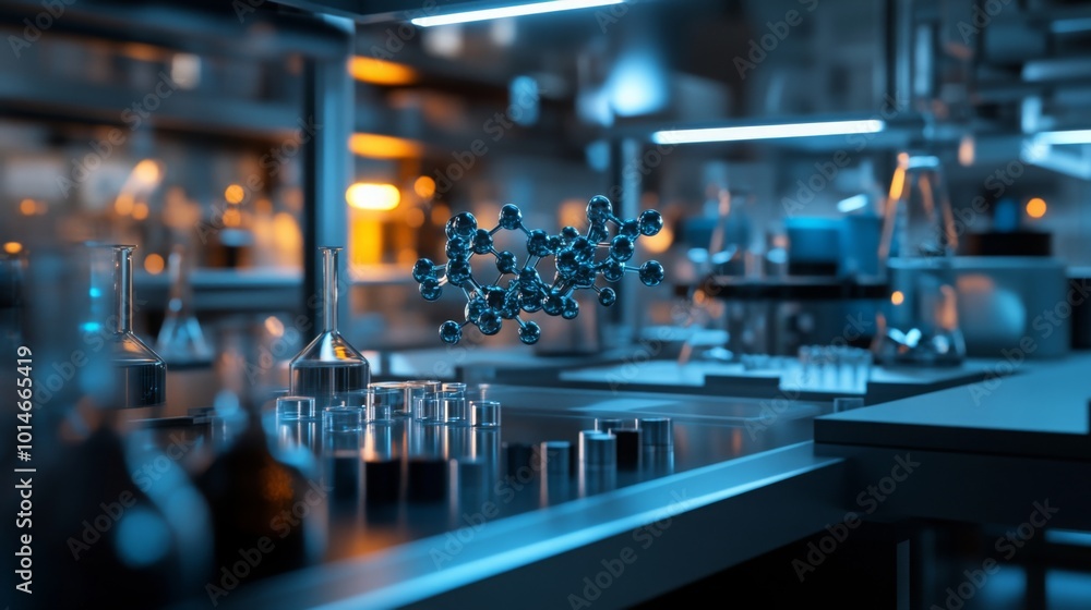 A molecular model is suspended above a lab bench in a scientific laboratory. The lab bench has several beakers and test tubes on it, along with other lab equipment A molecular model is suspended above a lab bench in a scientific laboratory. The lab bench has several beakers and test tubes on it, along with other lab equipment