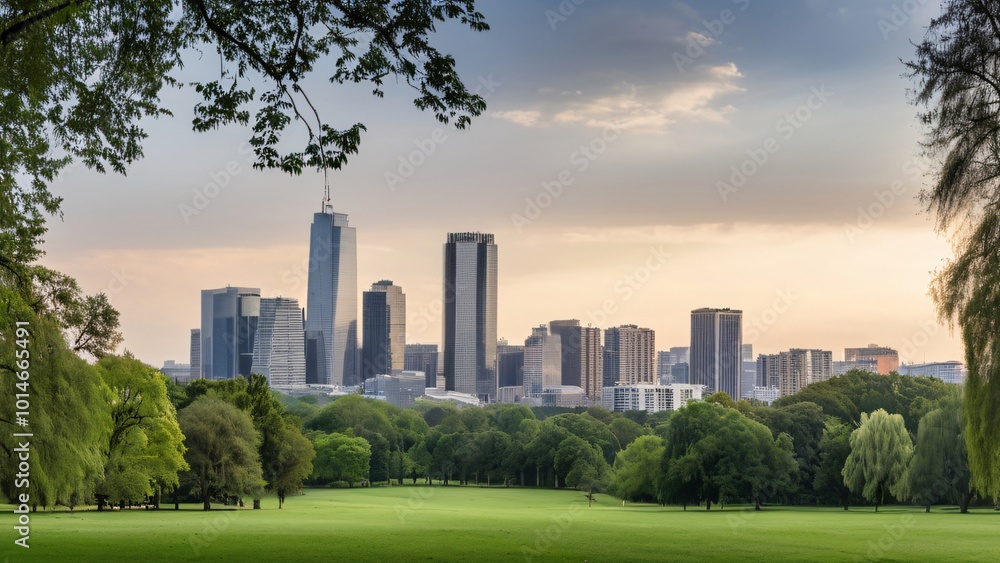 City Skyline Framed by Lush Green Parks City Skyline Framed by Lush Green Parks