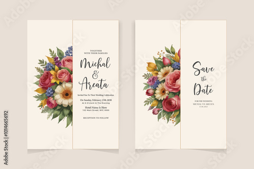 Elegant wedding invitation card template set with watercolor and floral decoration. Flowers background for social media stories, save the date, greeting, rsvp, thank you
