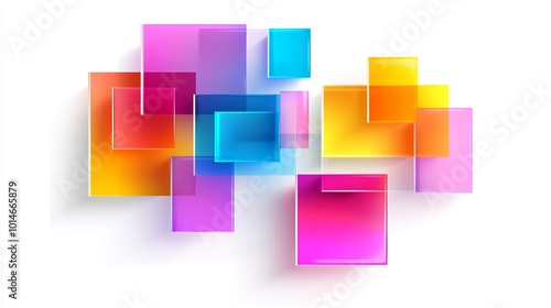 3D colorful squares and rectangles against a white background, showcasing art geometric shapes in a glassmorphism style. These are abstract vector design elements. photo