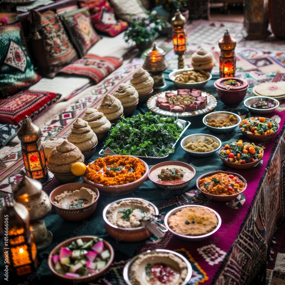 A lavish spread of traditional dishes styled artfully on an elaborate table symbolizes abundance, culture, and the joy of shared meals. A lavish spread of traditional dishes styled artfully on an elaborate table symbolizes abundance, culture, and the joy of shared meals.